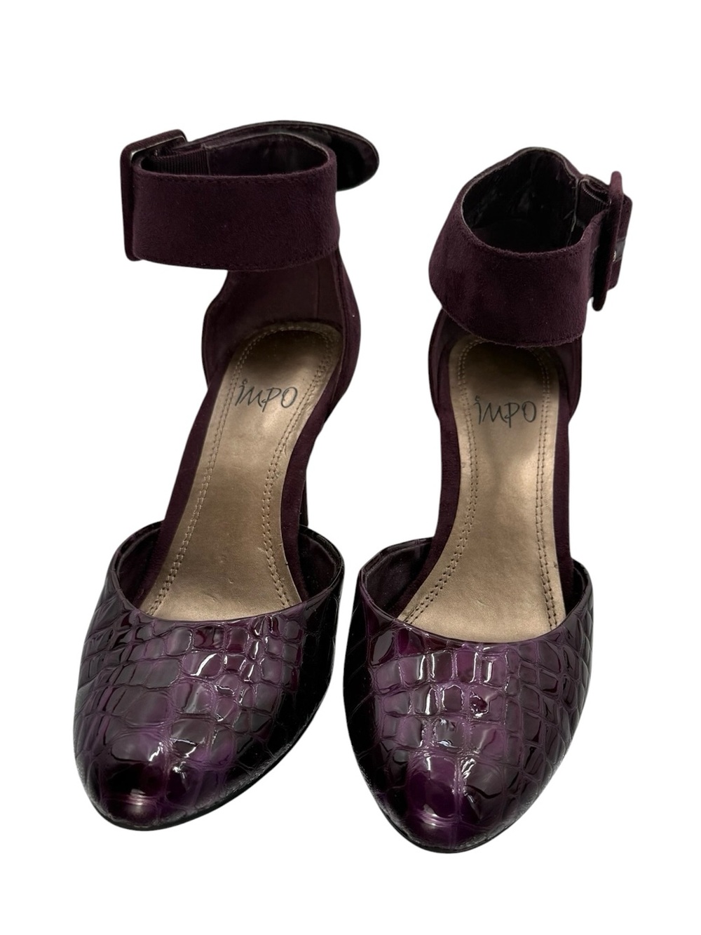 IMPO Purple Croc Embossed Rounded Toe Ankle Strap Heels Size 6